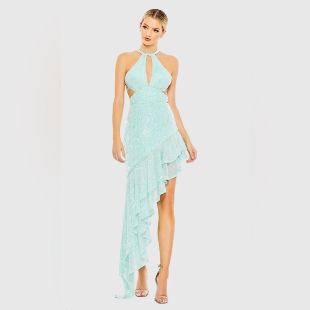 Mac Duggal Sequined Halter Cut Out Ruffle Asymmetrical Gown NWT Size 10